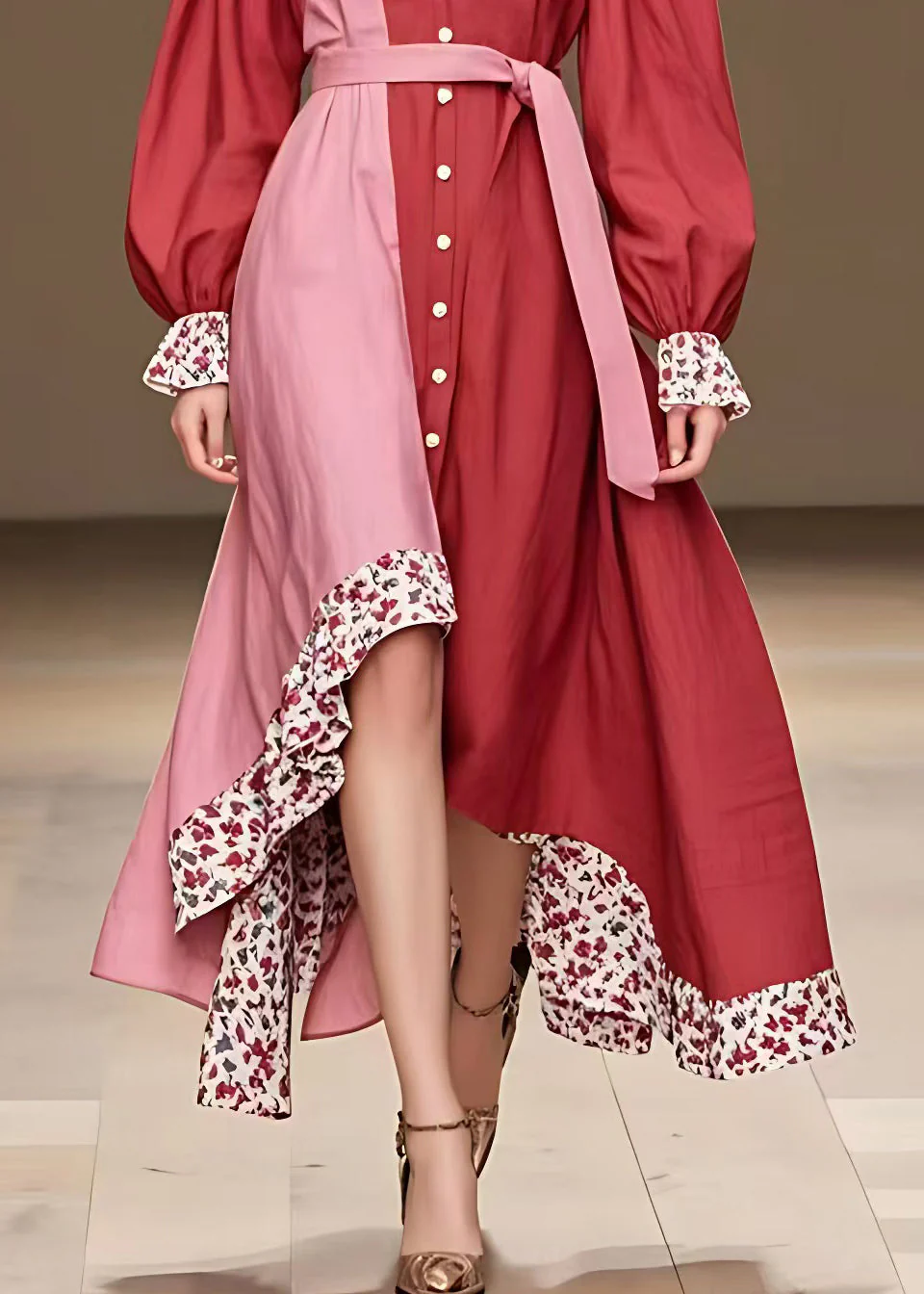 French Red Button Tie Waist Patchwork Cotton Long Dress Fall - Image 5