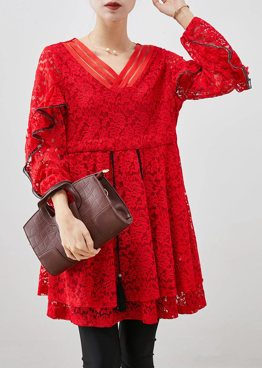 French Red Cinched Lace Mini Dresses Fall - Image 2