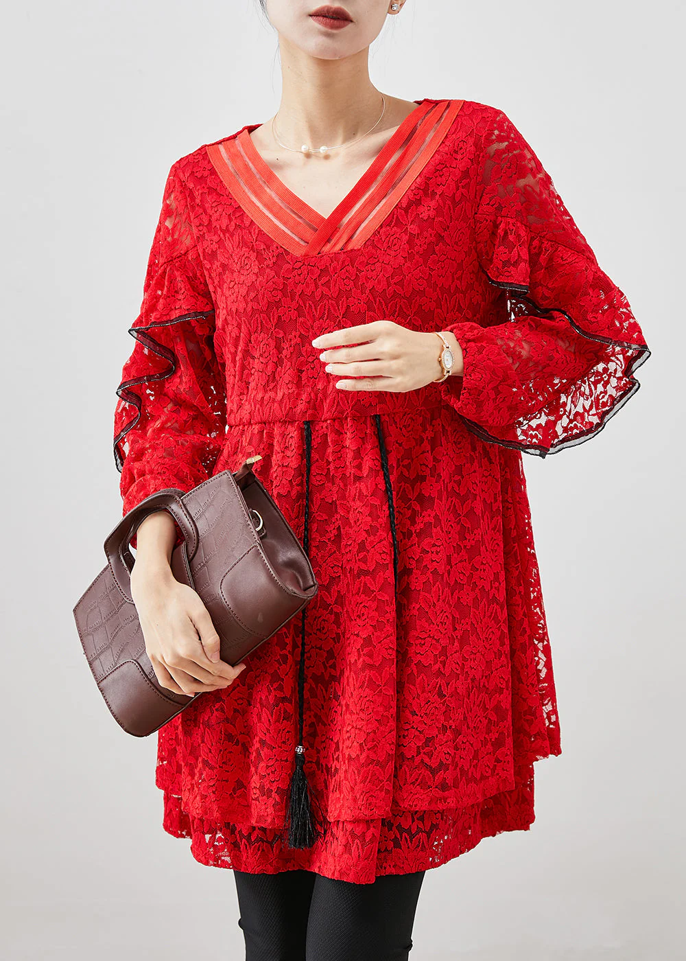 French Red Cinched Lace Mini Dresses Fall - Image 3