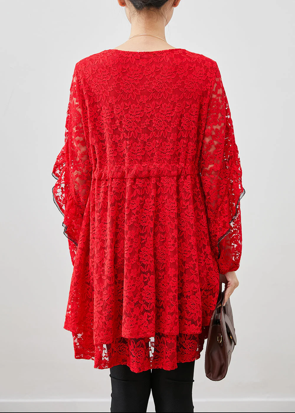 French Red Cinched Lace Mini Dresses Fall - Image 4