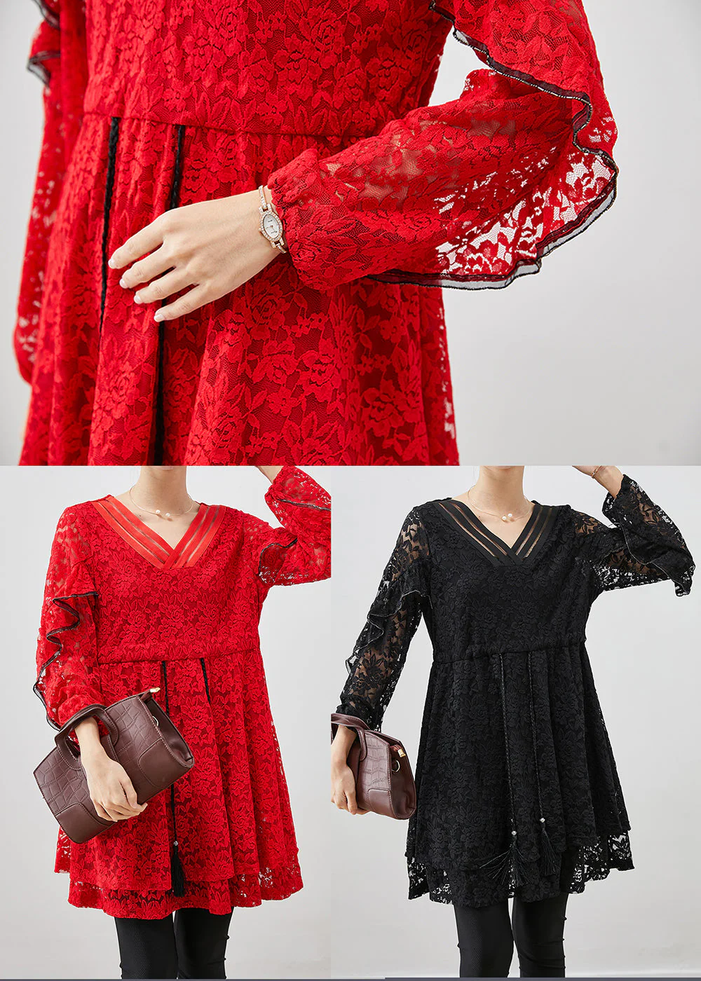 French Red Cinched Lace Mini Dresses Fall - Image 5