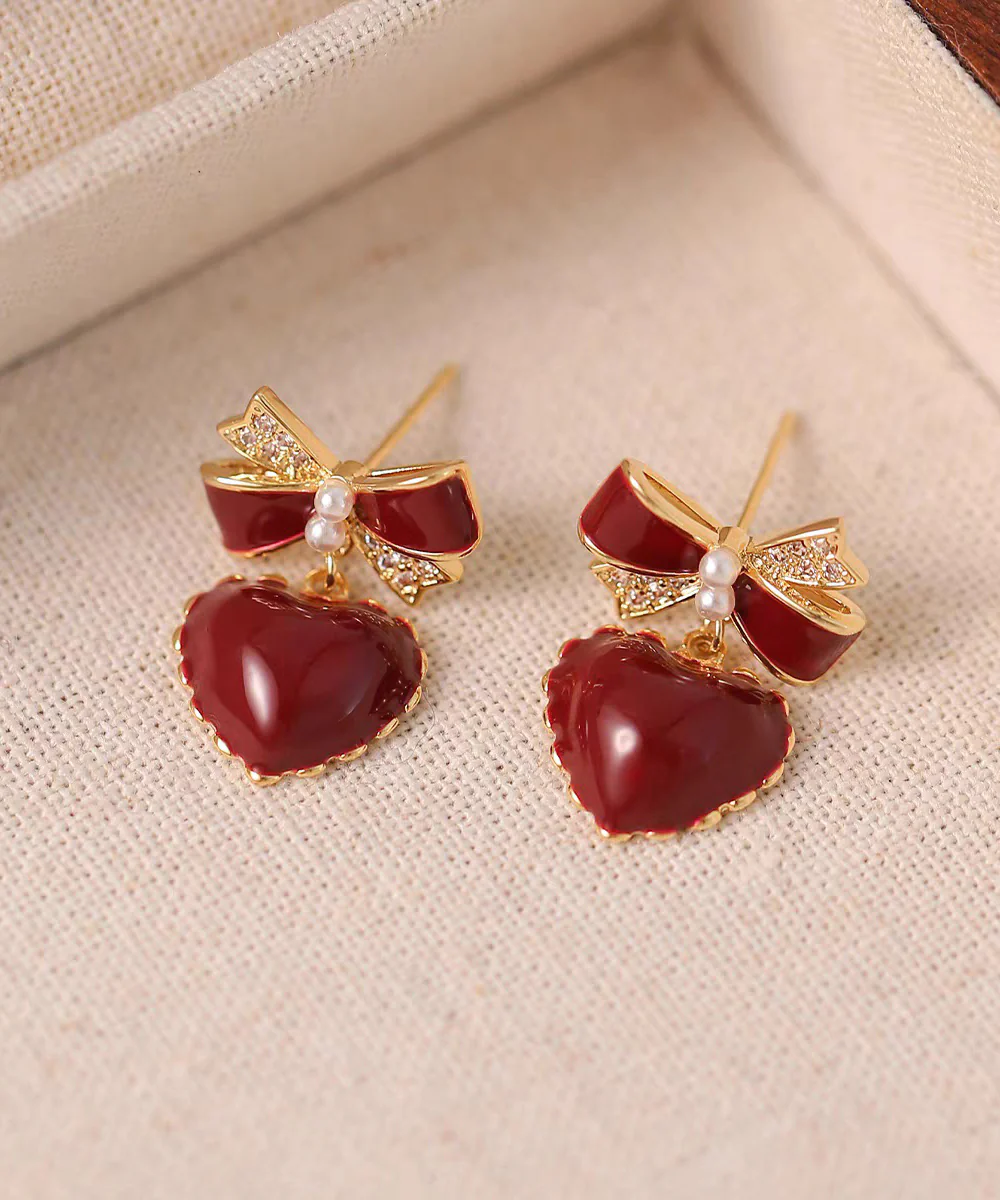 French Red Copper Alloy Zircon Bow Love Stud Earrings - Image 2