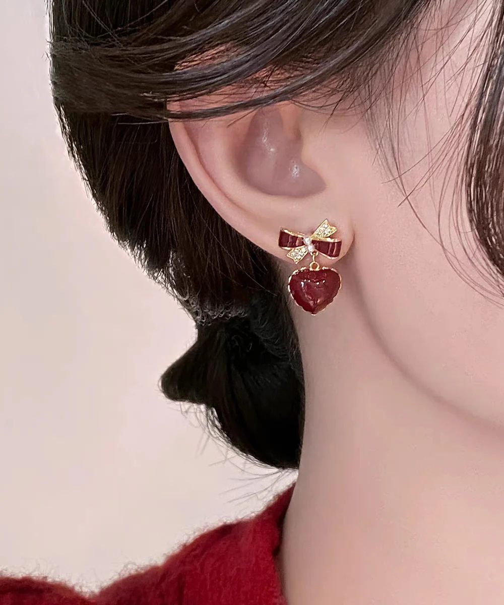 French Red Copper Alloy Zircon Bow Love Stud Earrings - Image 3