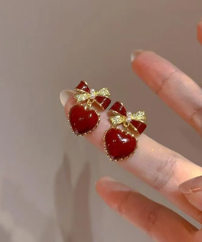 French Red Copper Alloy Zircon Bow Love Stud Earrings - Image 4