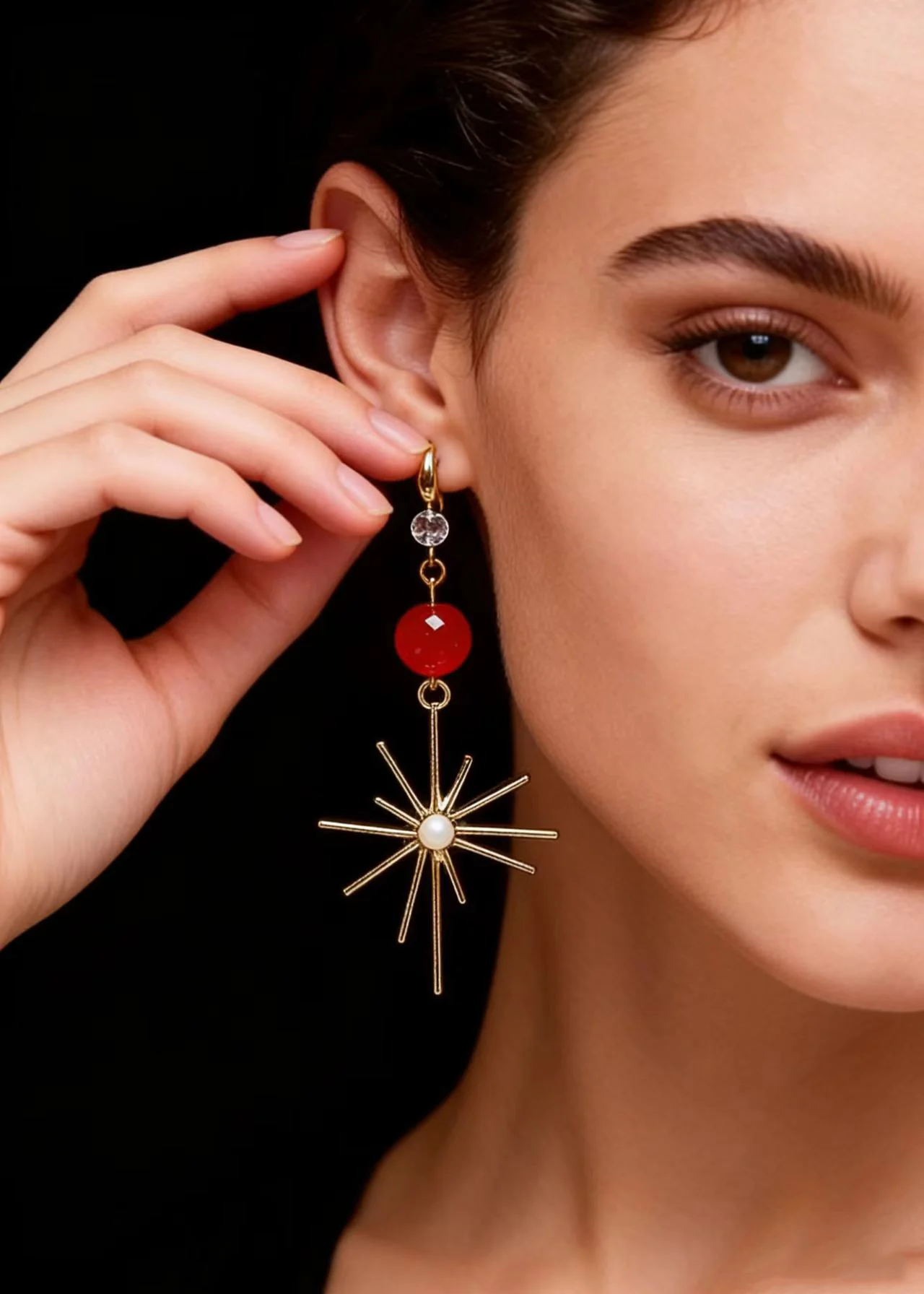 French Red Crystal Fireworks Shape Drop Earrings - Image 2
