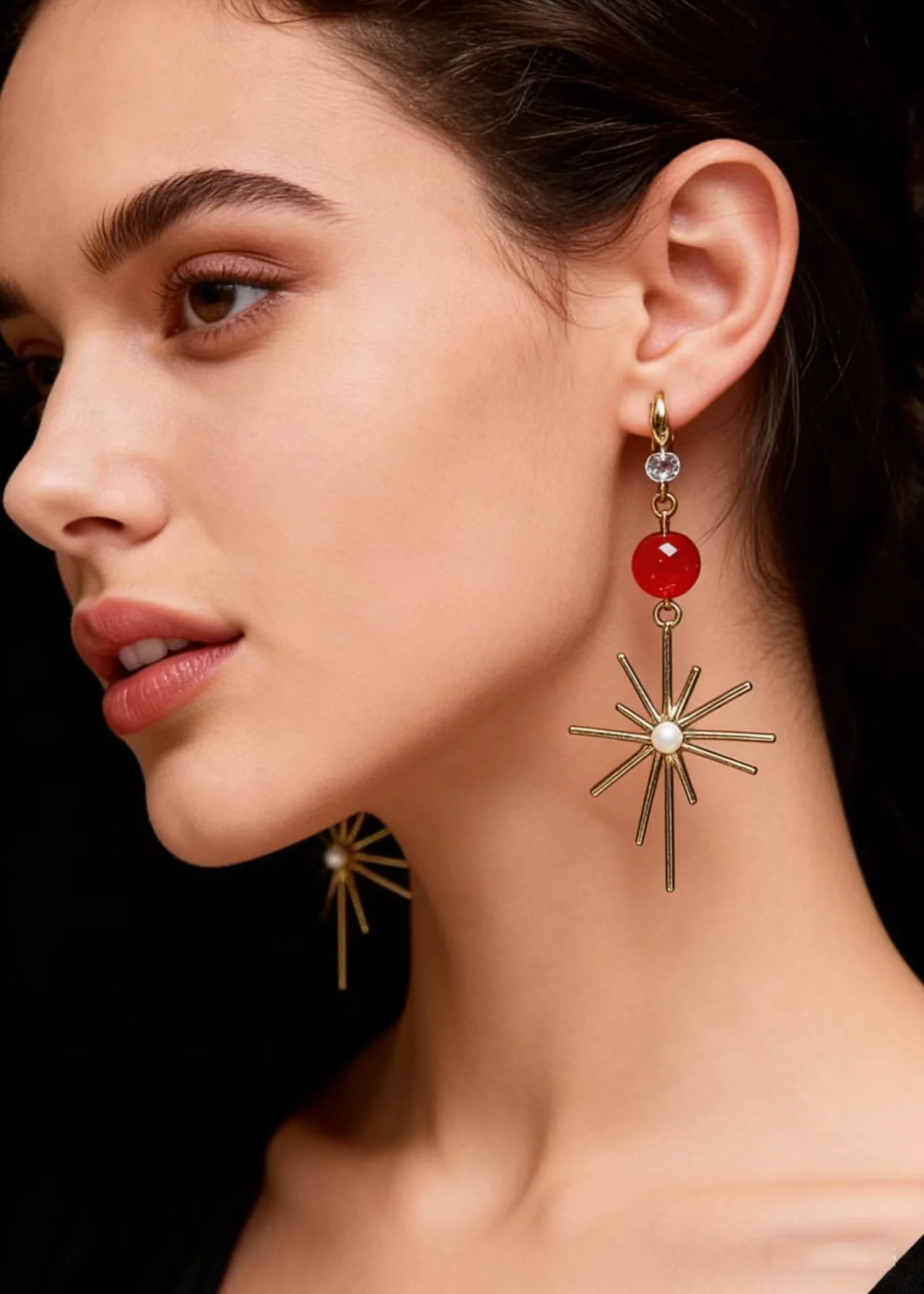 French Red Crystal Fireworks Shape Drop Earrings - Image 3