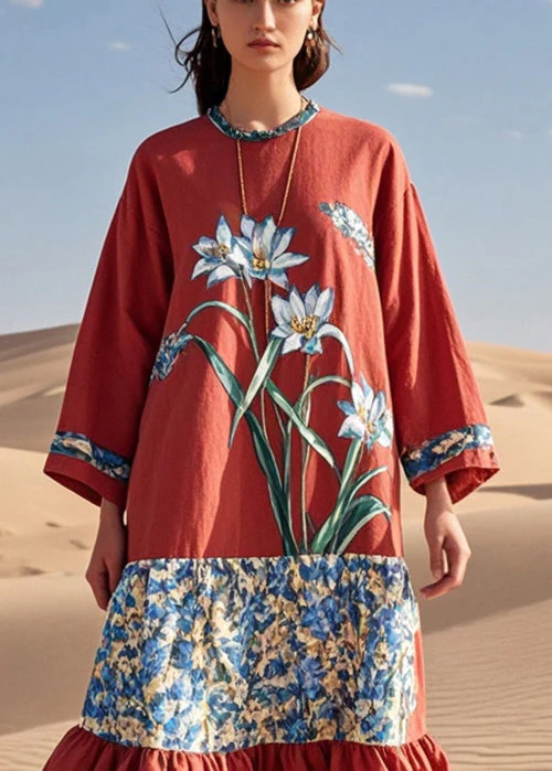 French Red Floral Patchwork Ruffled Cotton Long Dresses Spring - Image 2