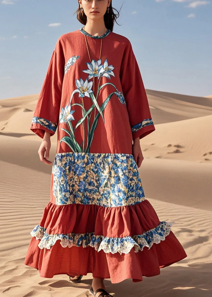 French Red Floral Patchwork Ruffled Cotton Long Dresses Spring - Image 3