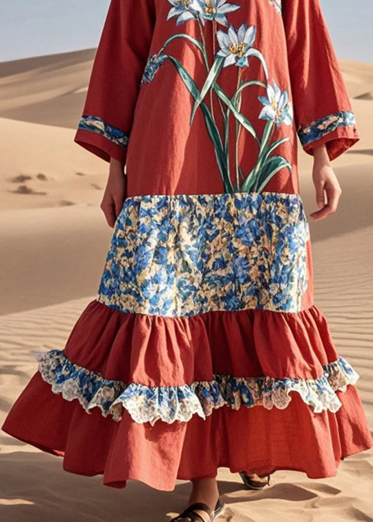 French Red Floral Patchwork Ruffled Cotton Long Dresses Spring - Image 4