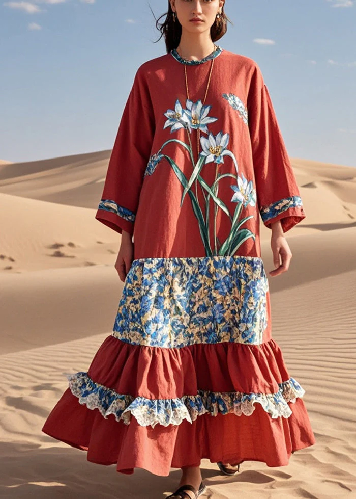 French Red Floral Patchwork Ruffled Cotton Long Dresses Spring - Image 5