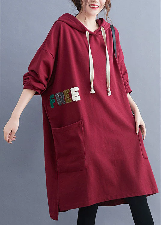 French Red Hooded Graphic Cotton Sweatshirt dress Winter - Image 2