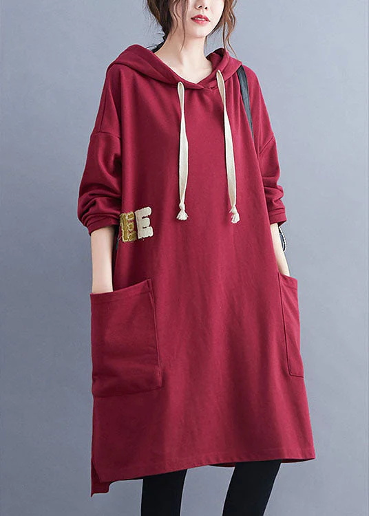French Red Hooded Graphic Cotton Sweatshirt dress Winter - Image 3