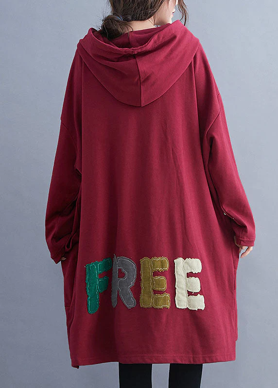 French Red Hooded Graphic Cotton Sweatshirt dress Winter - Image 4