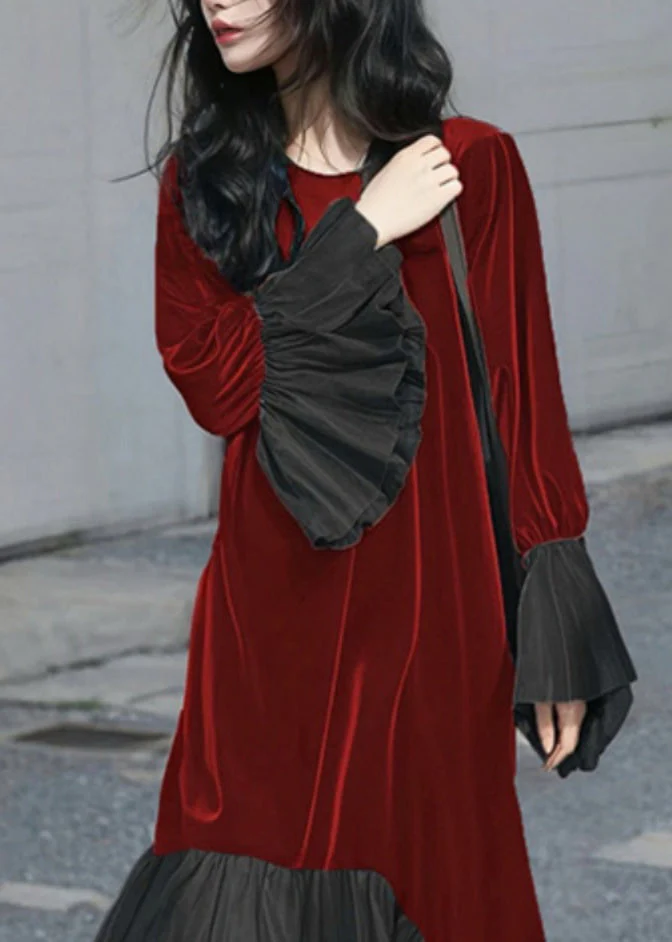 French Red O-Neck Patchwork Silk Velvet Long Dress Flare Sleeve - Image 2