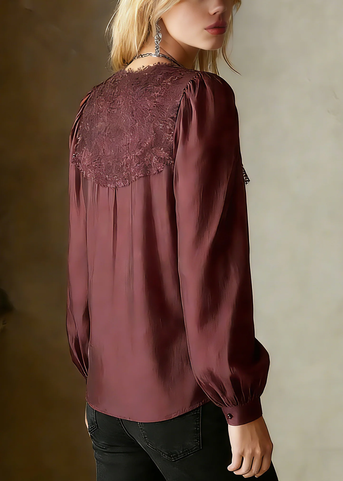 French Red O-Neck Patchwork Solid Tops Lantern Sleeve - Image 2