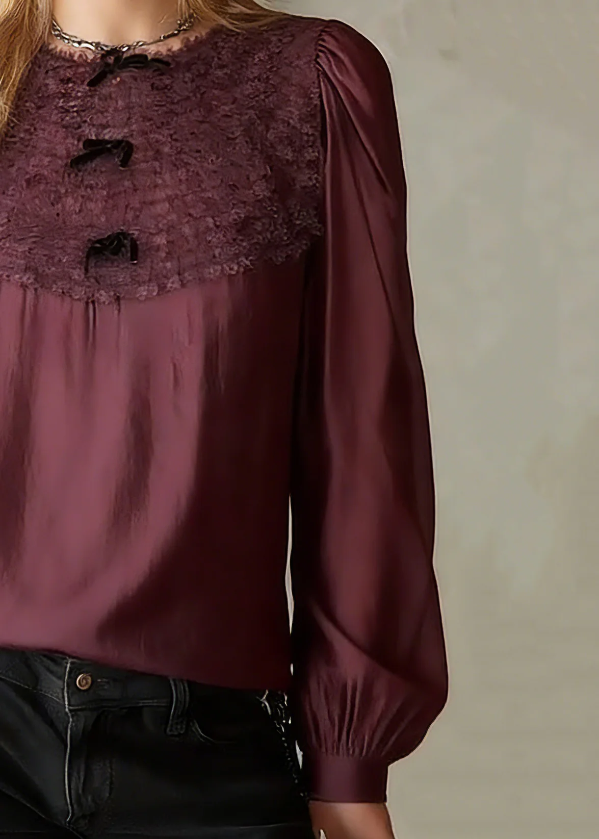 French Red O-Neck Patchwork Solid Tops Lantern Sleeve - Image 4