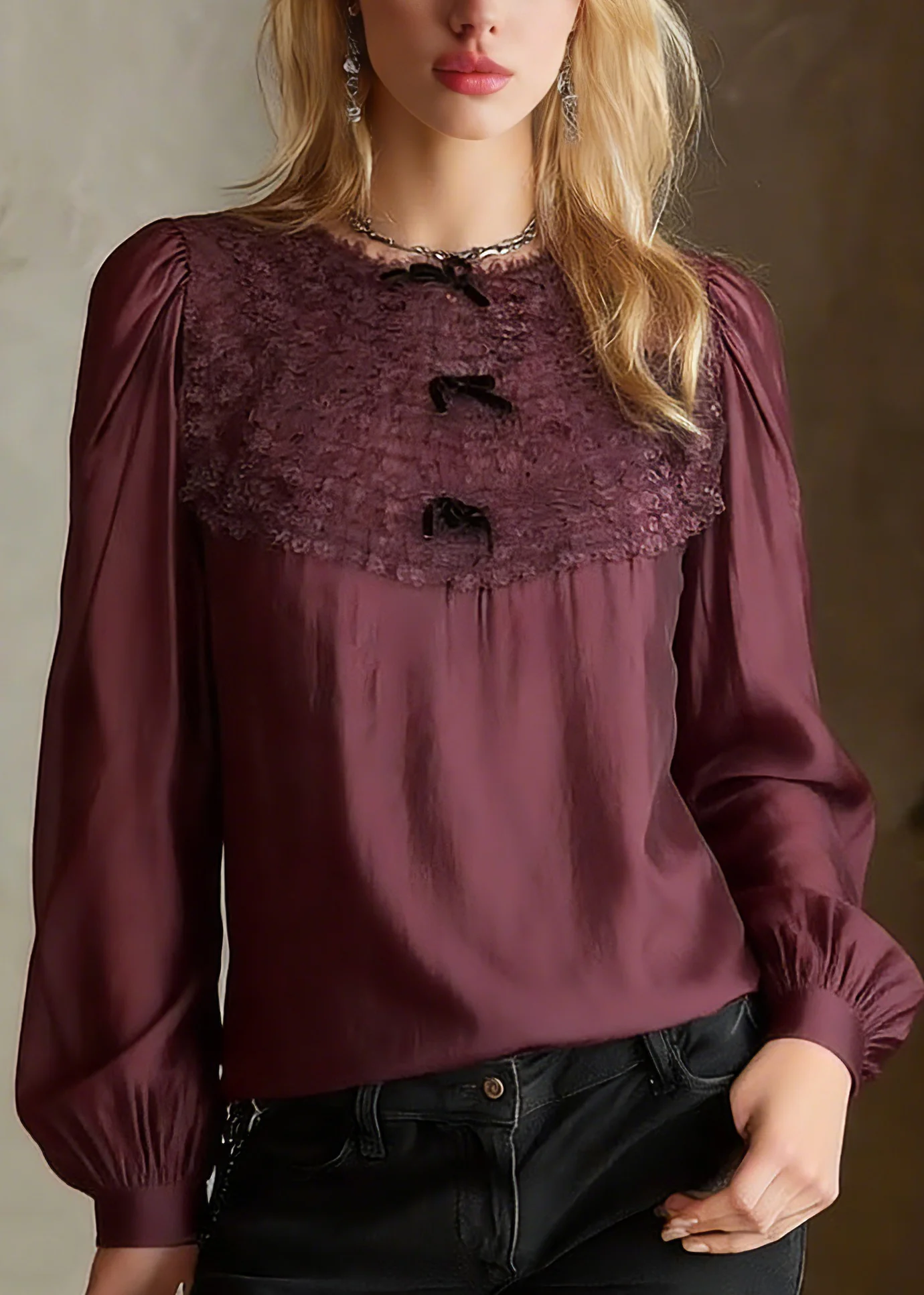 French Red O-Neck Patchwork Solid Tops Lantern Sleeve - Image 5