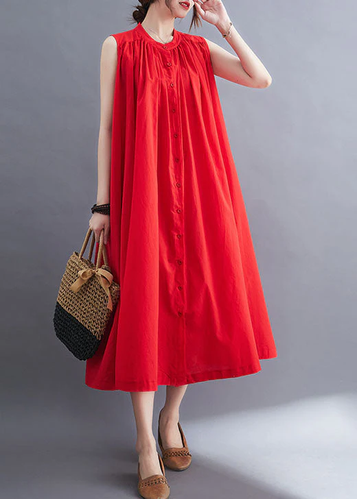 French Red O-Neck Wrinkled Cotton A Line Dresses Sleeveless - Image 2