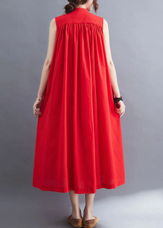 French Red O-Neck Wrinkled Cotton A Line Dresses Sleeveless - Image 4