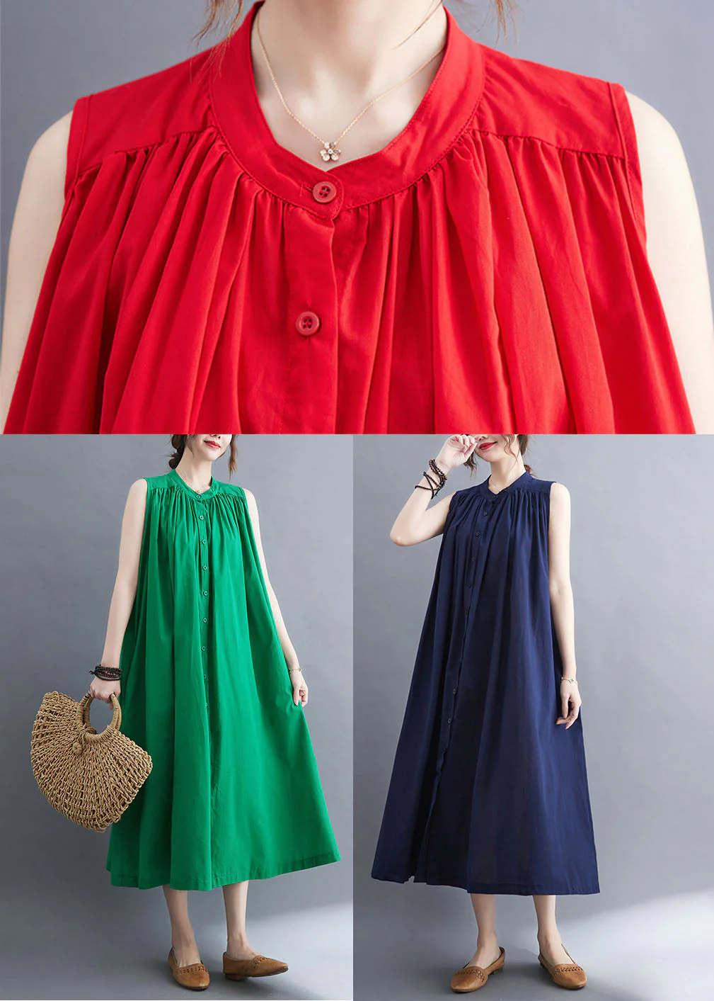 French Red O-Neck Wrinkled Cotton A Line Dresses Sleeveless - Image 5