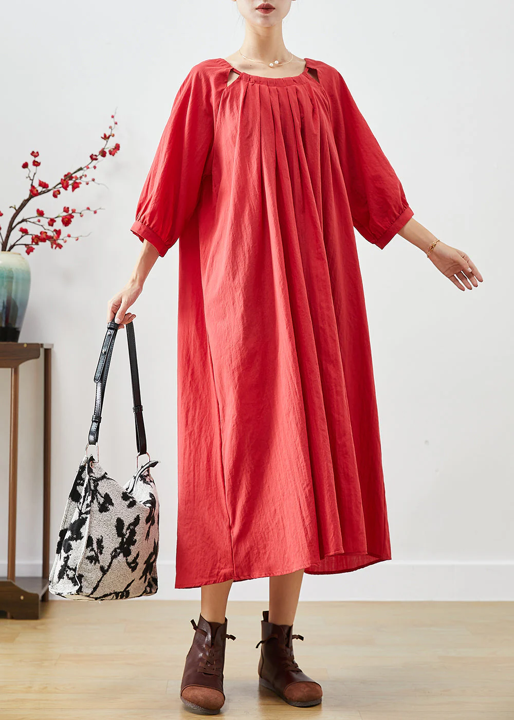 French Red Oversized Linen Holiday Dress Bracelet Sleeve - Image 2