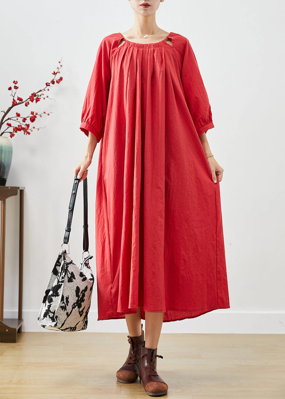 French Red Oversized Linen Holiday Dress Bracelet Sleeve - Image 3