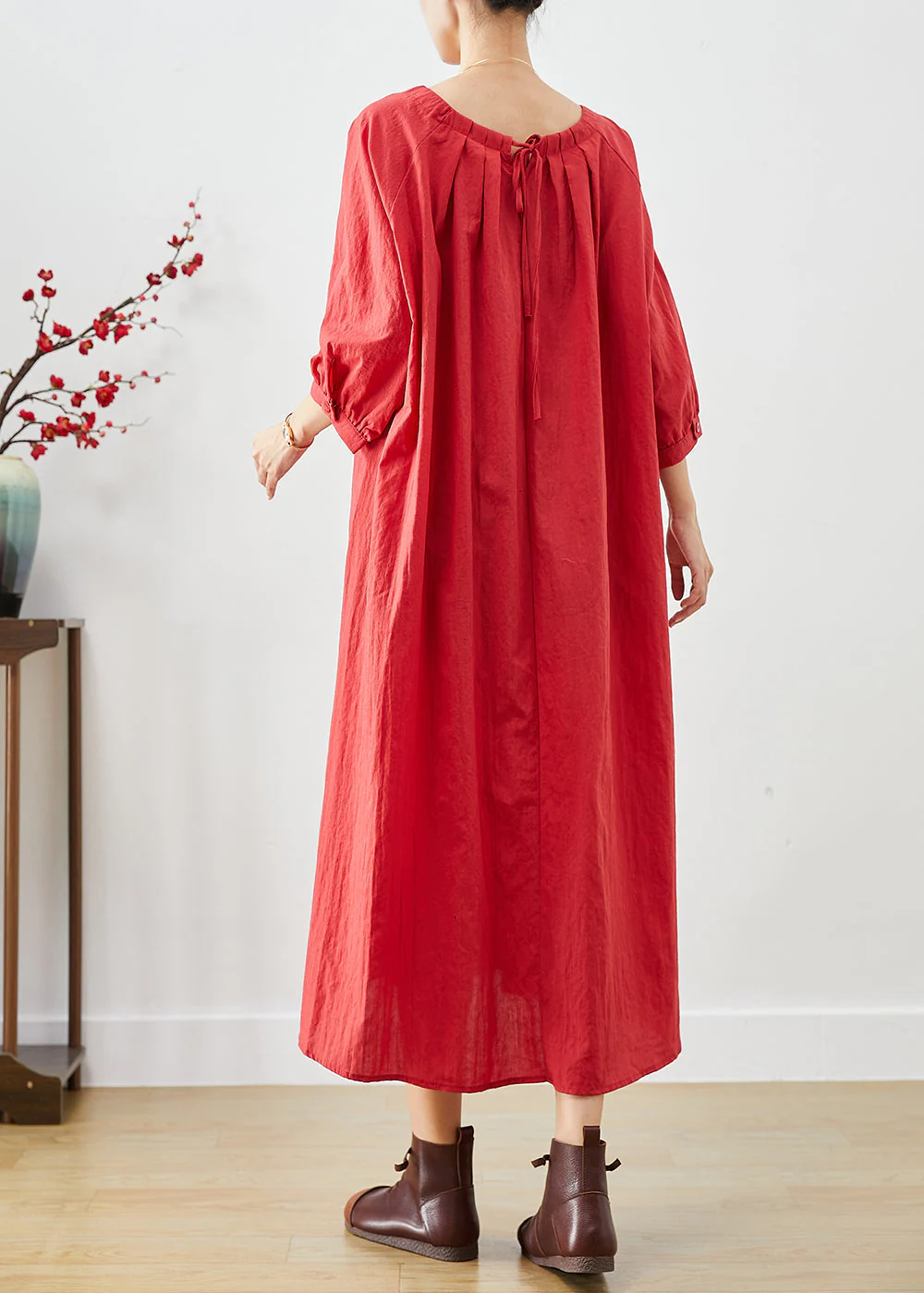 French Red Oversized Linen Holiday Dress Bracelet Sleeve - Image 4