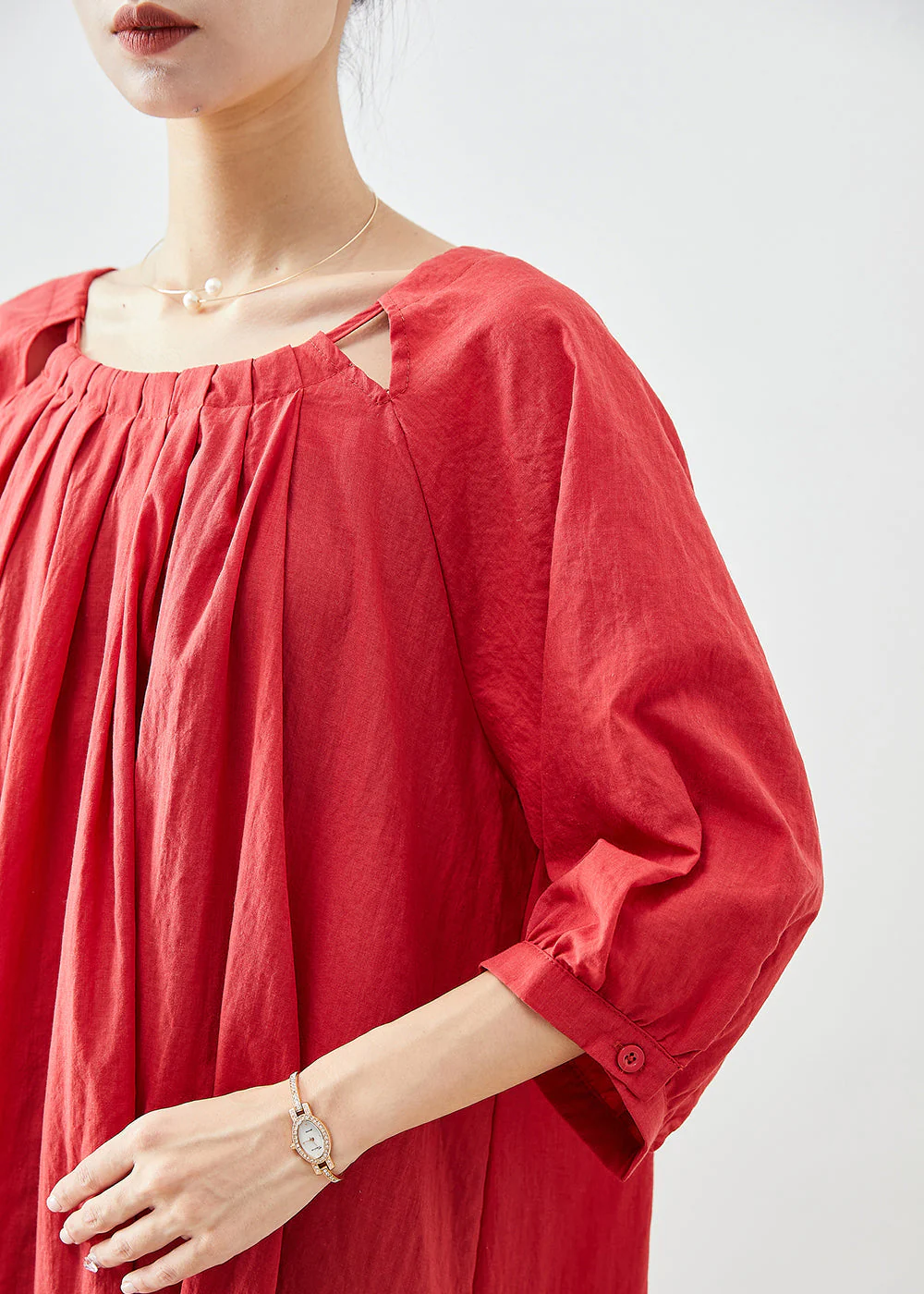French Red Oversized Linen Holiday Dress Bracelet Sleeve - Image 5