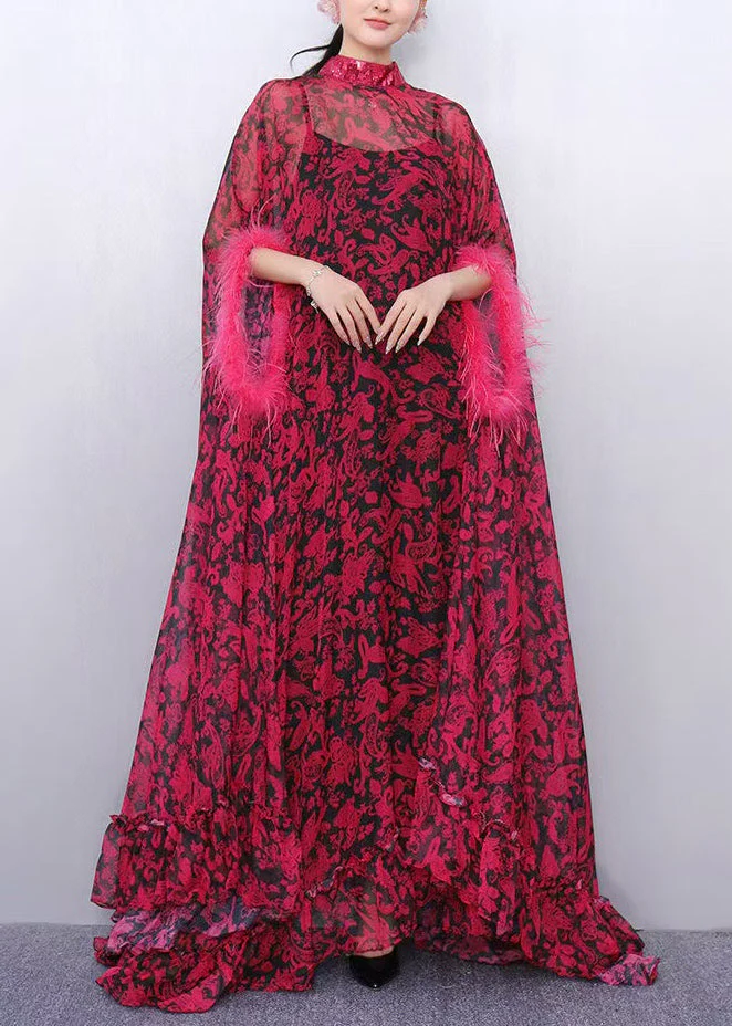 French Red Oversized Print Chiffon Eyelash Dresses Two Piece Set Summer