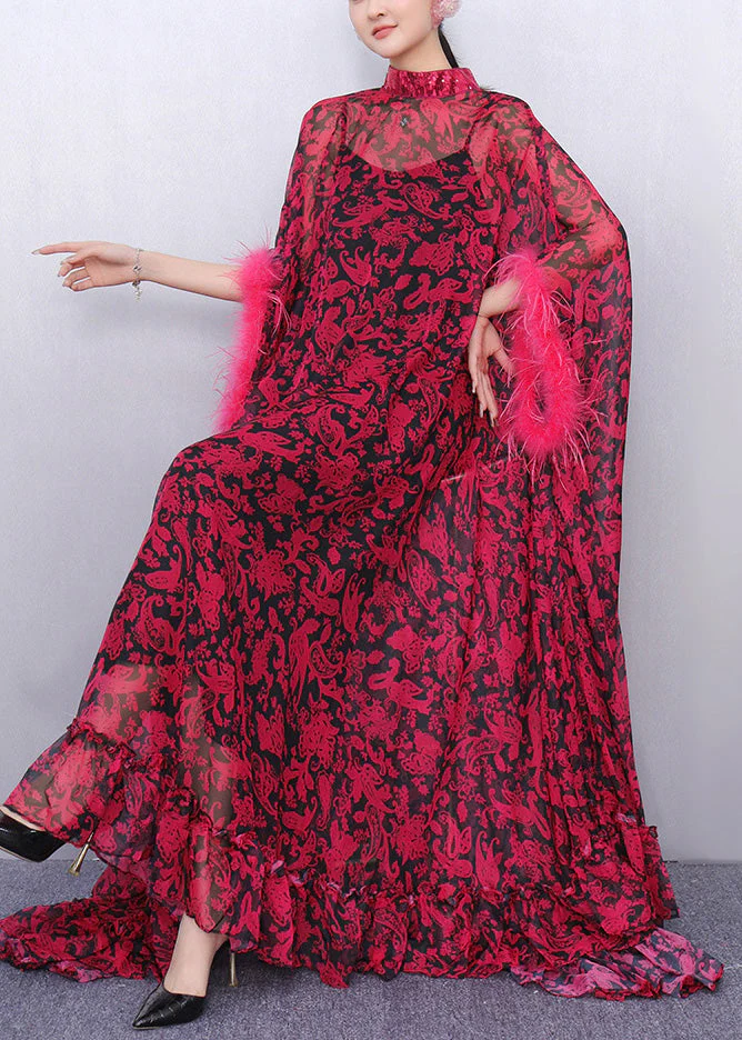 French Red Oversized Print Chiffon Eyelash Dresses Two Piece Set Summer - Image 2