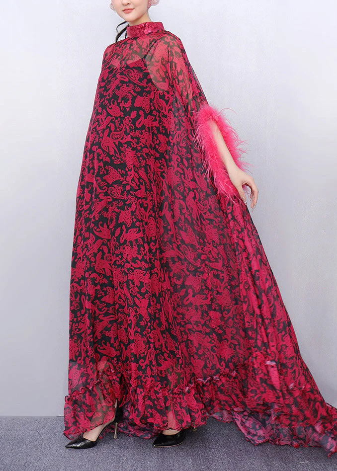 French Red Oversized Print Chiffon Eyelash Dresses Two Piece Set Summer - Image 3