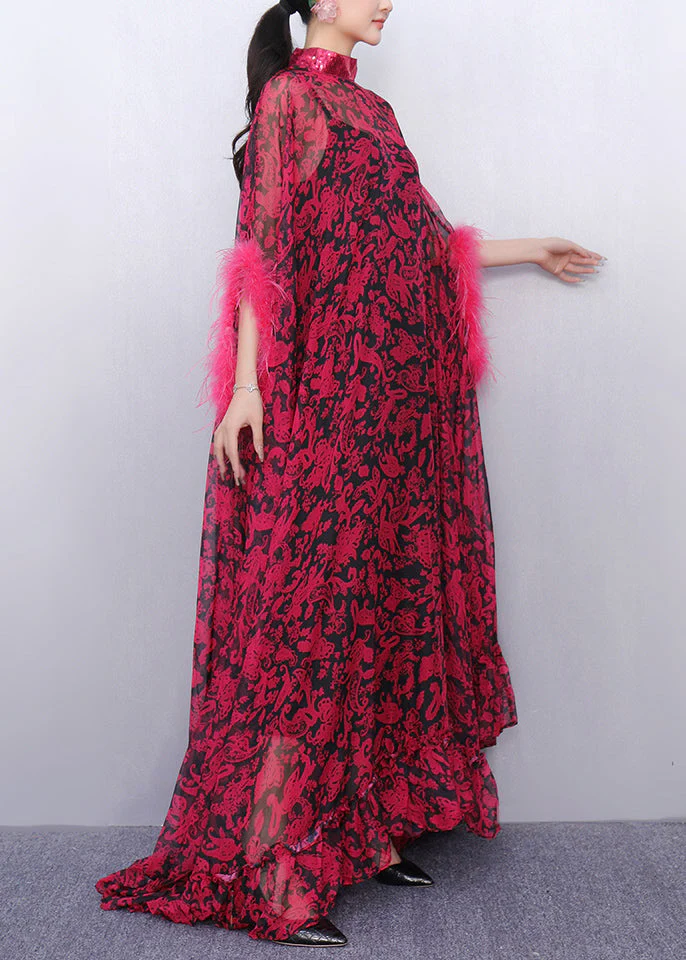 French Red Oversized Print Chiffon Eyelash Dresses Two Piece Set Summer - Image 4