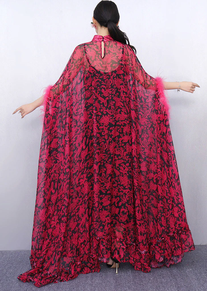 French Red Oversized Print Chiffon Eyelash Dresses Two Piece Set Summer - Image 5