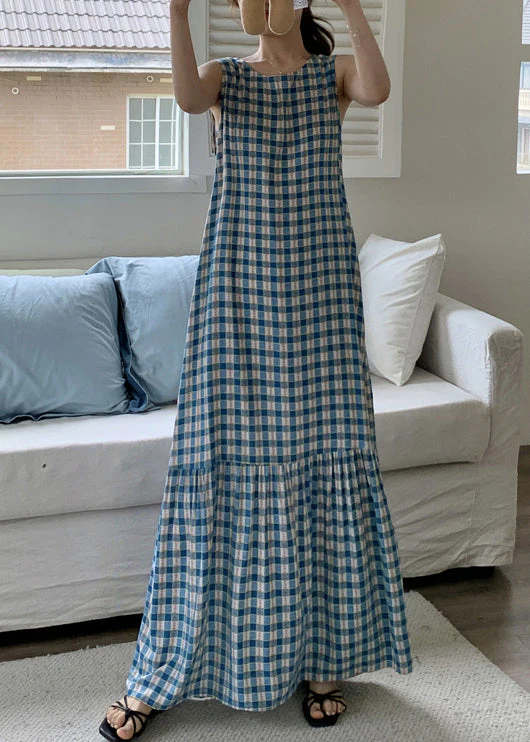 French Red Plaid Wrinkled Cotton Maxi Dress Sleeveless - Image 2