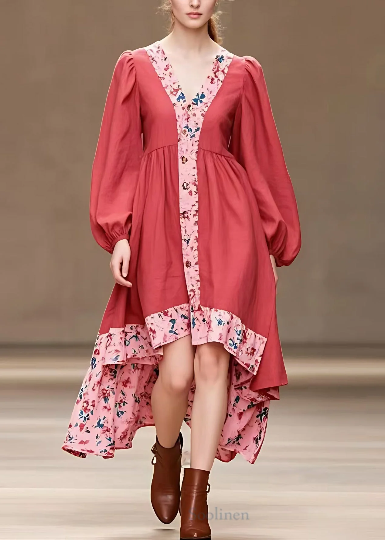 French Red Print Low High Design Cotton Dress Long Sleeve - Image 2