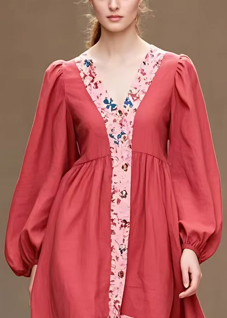 French Red Print Low High Design Cotton Dress Long Sleeve - Image 3
