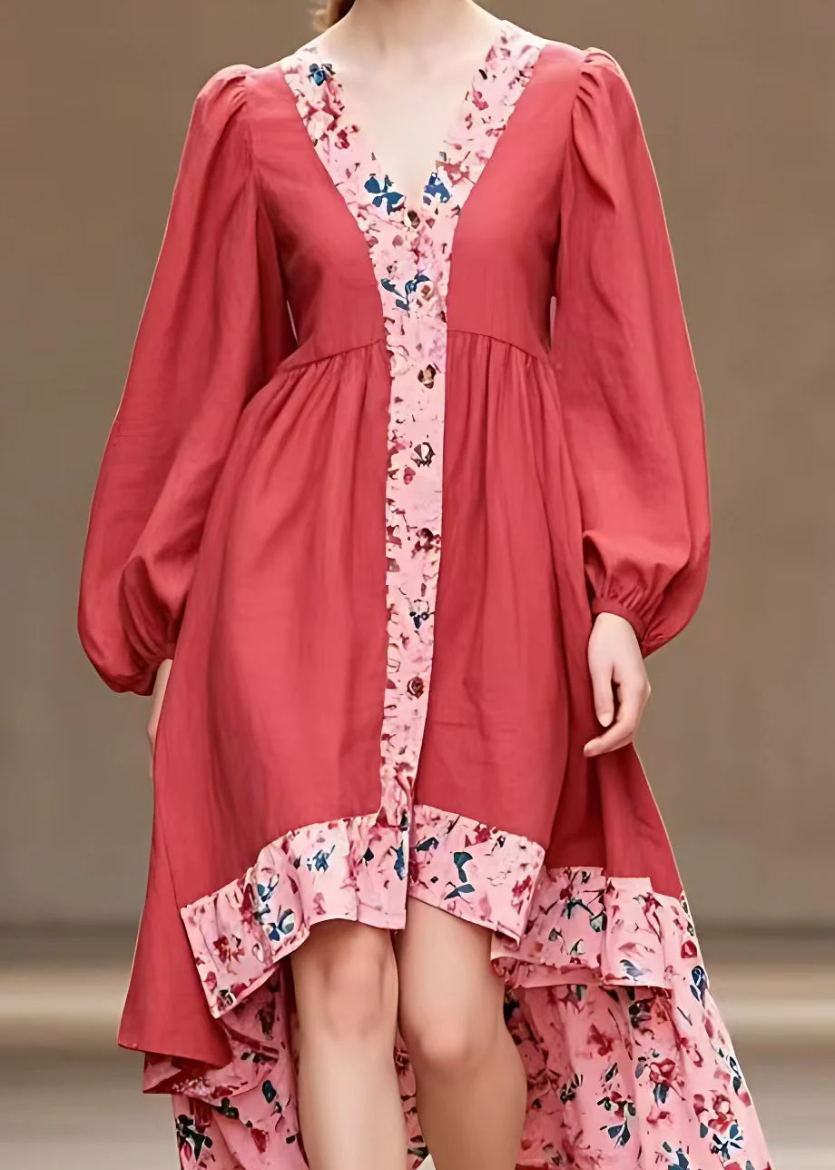 French Red Print Low High Design Cotton Dress Long Sleeve - Image 4