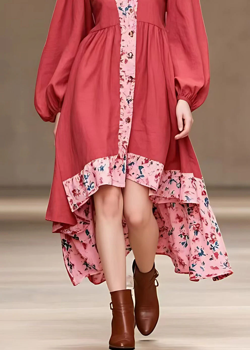 French Red Print Low High Design Cotton Dress Long Sleeve - Image 5