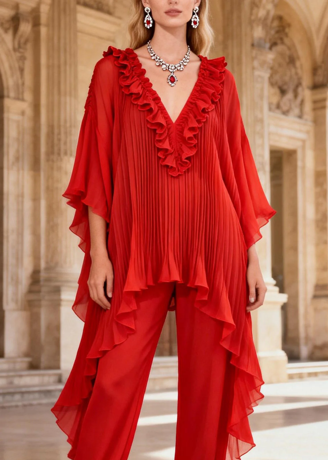 French Red Ruffled Asymmetrical Design Silk Two Pieces Set Summer - Image 2