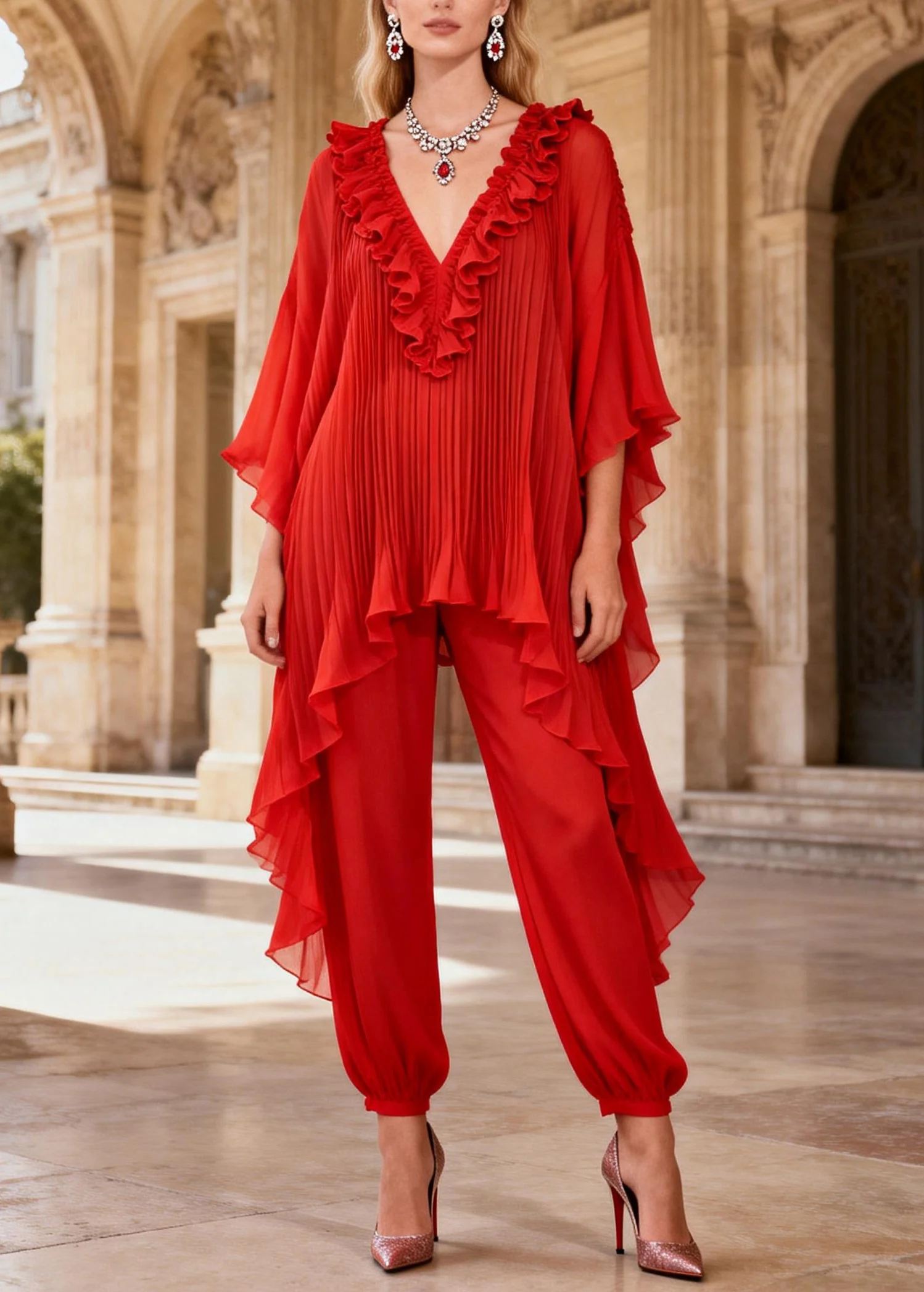 French Red Ruffled Asymmetrical Design Silk Two Pieces Set Summer - Image 3