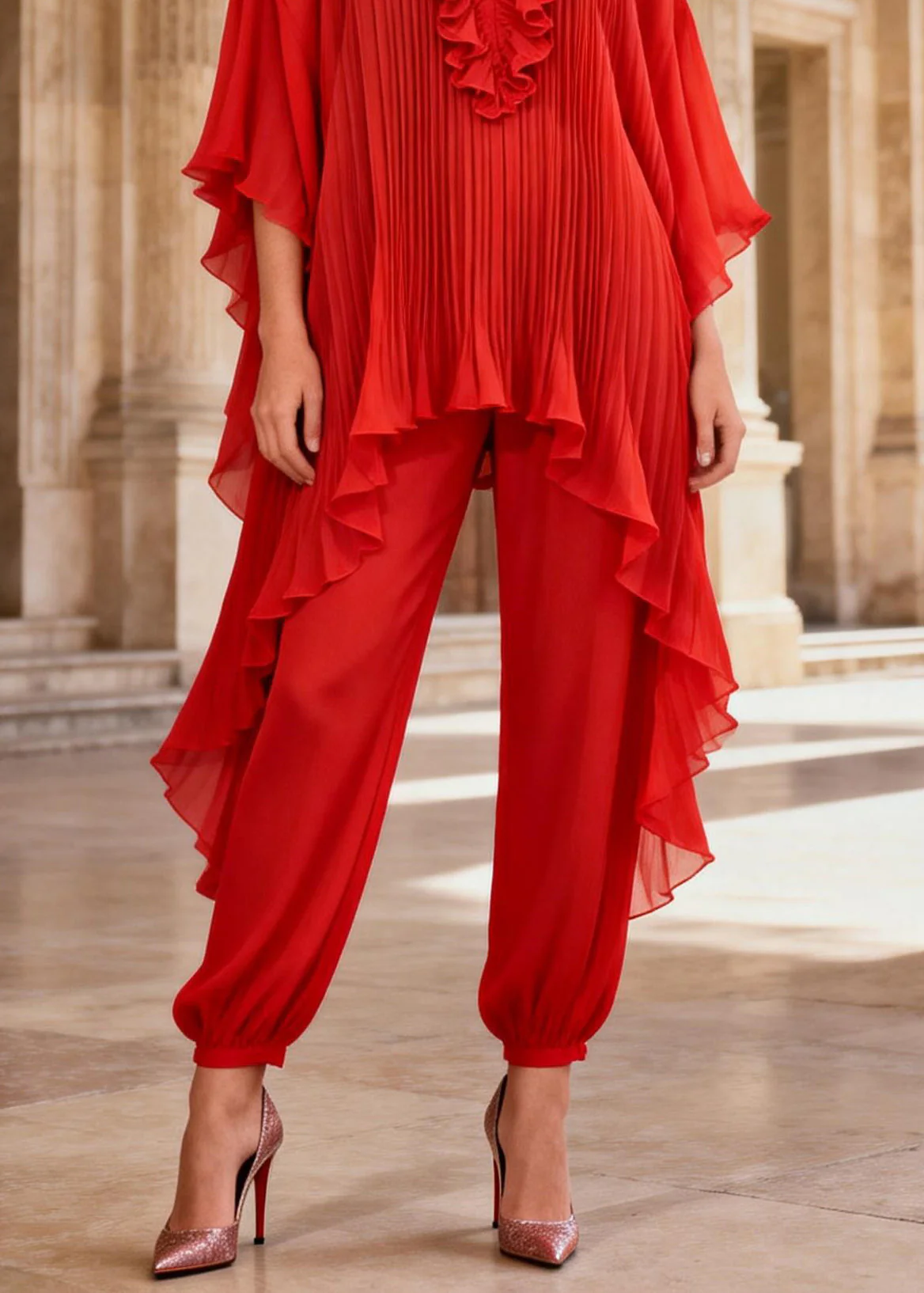 French Red Ruffled Asymmetrical Design Silk Two Pieces Set Summer - Image 4