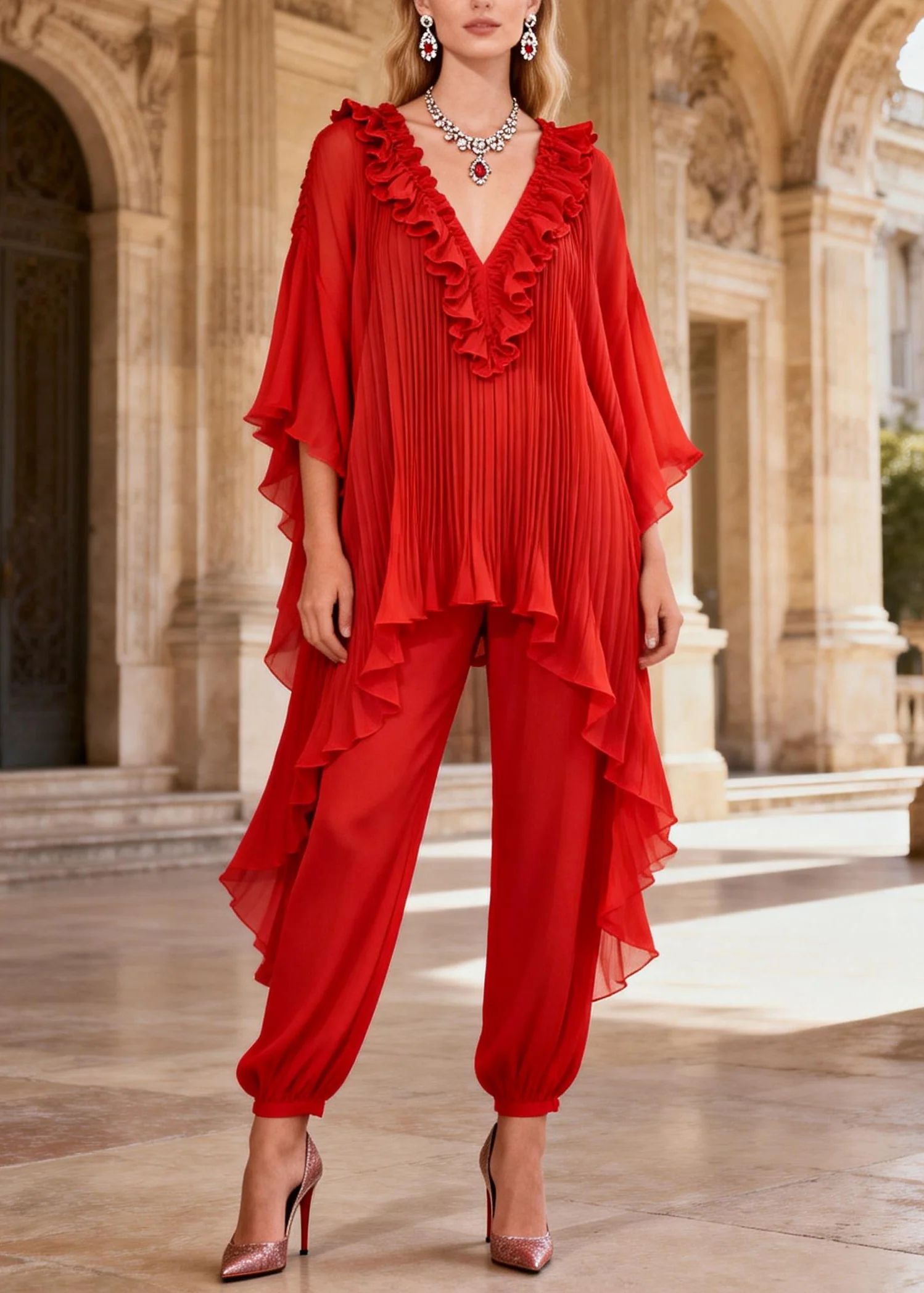 French Red Ruffled Asymmetrical Design Silk Two Pieces Set Summer - Image 5