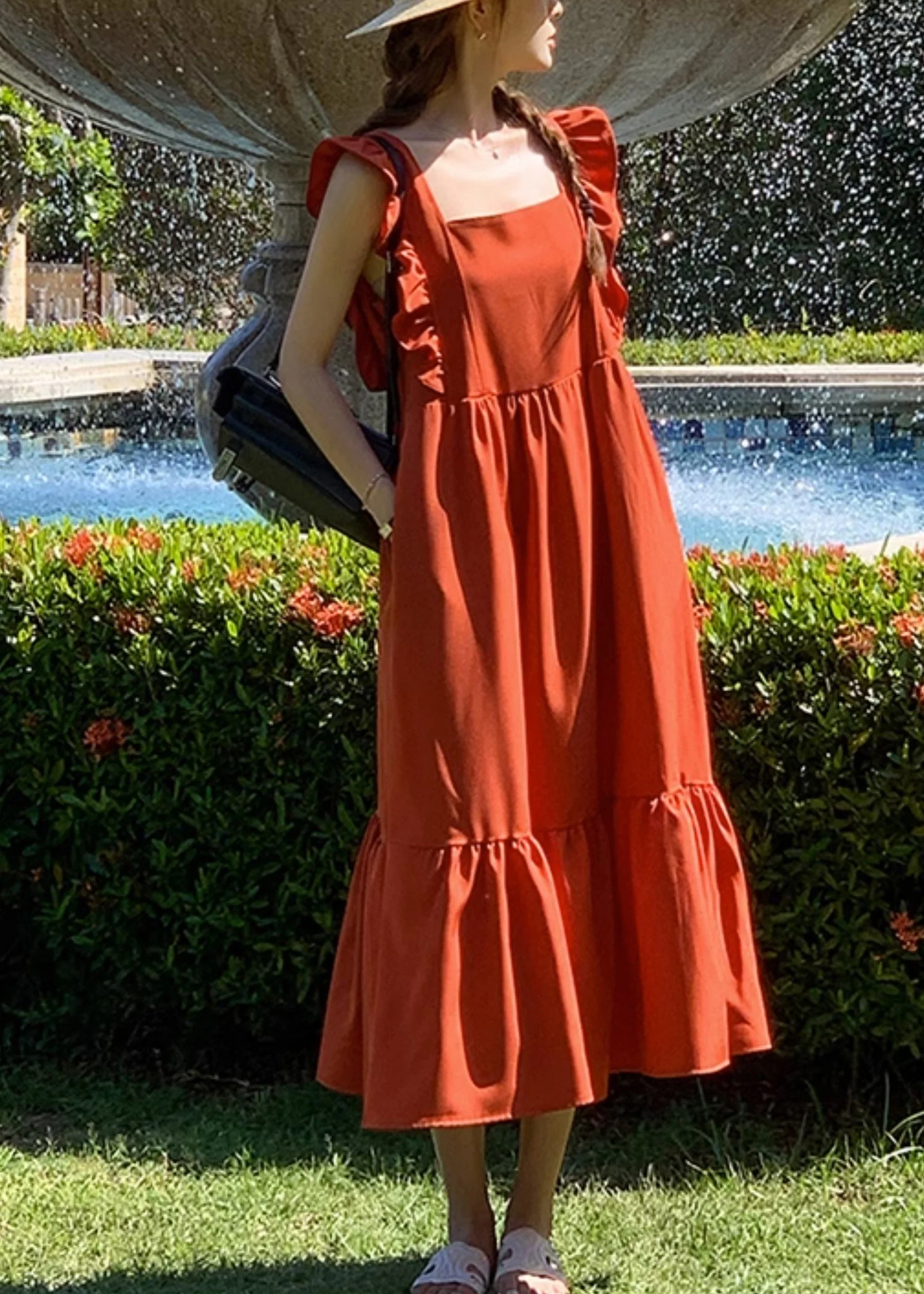 French Red Square Collar Wrinkled Patchwork Cotton Dresses Butterfly Sleeve - Image 2