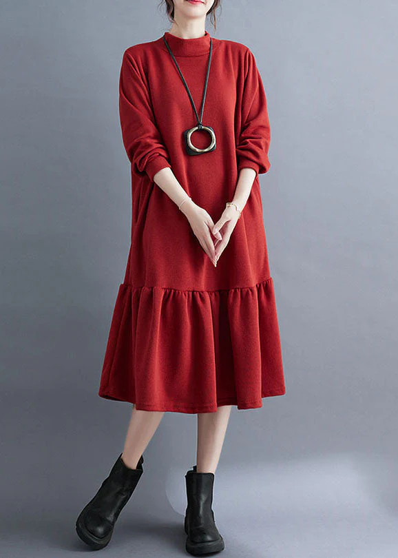 French Red Turtleneck Ruffled Patchwork Thick Maxi Dresses Fall - Image 5