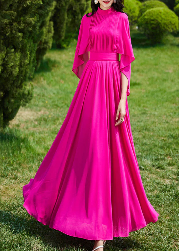 French Red Turtleneck Wrinkled Slim Silk Long A Line Dress Summer - Image 4