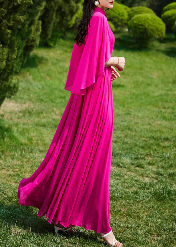 French Red Turtleneck Wrinkled Slim Silk Long A Line Dress Summer - Image 5