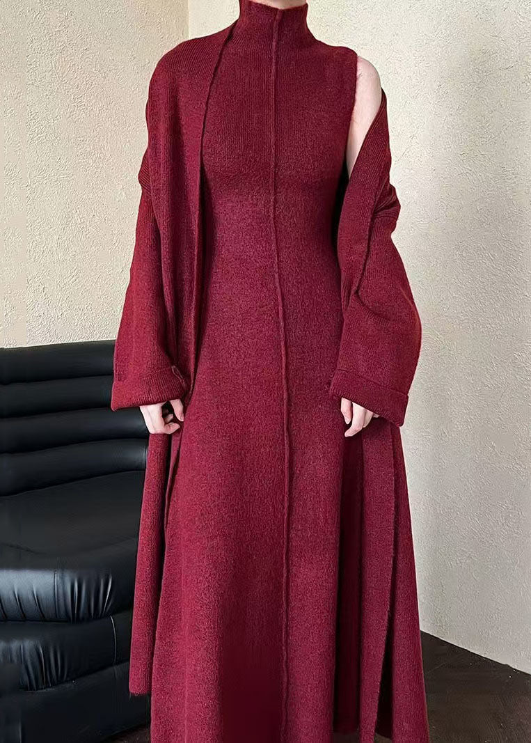 French Red V Neck Coat And Tank Dress Knit Two Pieces Set Spring - Image 2