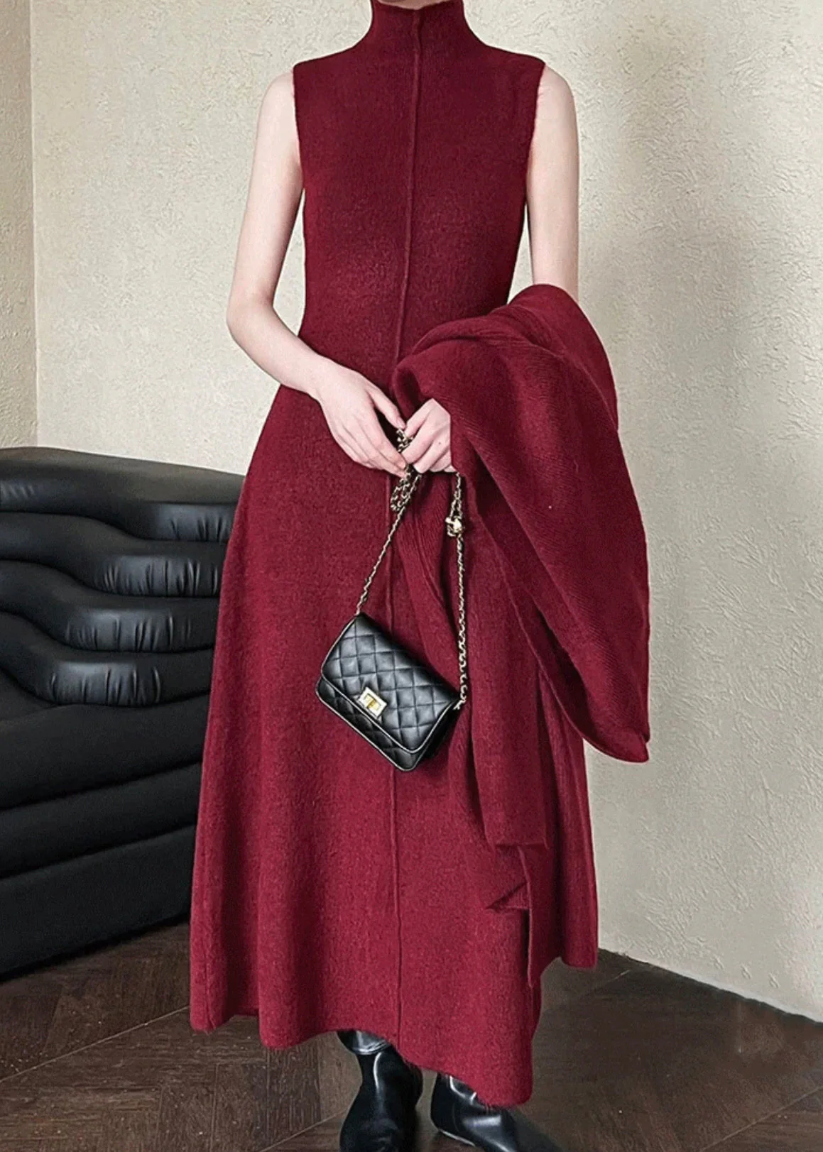 French Red V Neck Coat And Tank Dress Knit Two Pieces Set Spring - Image 3