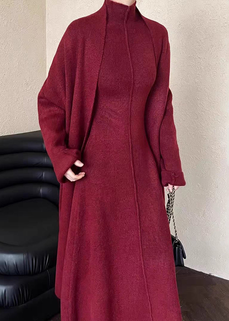 French Red V Neck Coat And Tank Dress Knit Two Pieces Set Spring - Image 4