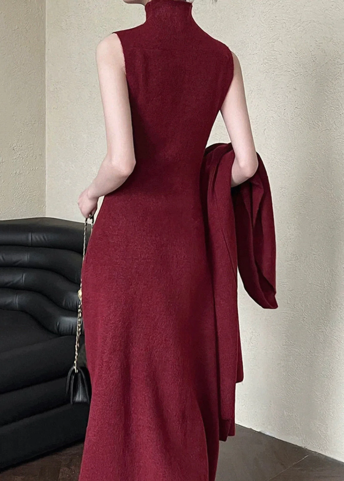 French Red V Neck Coat And Tank Dress Knit Two Pieces Set Spring - Image 5